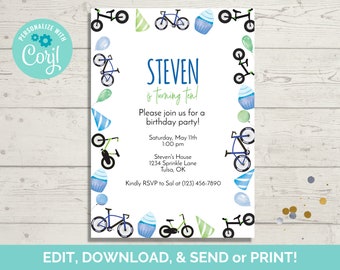 Bicycle Invitation Template, Bicycle Birthday Invite, Bicycle Bike Invite, Editable Invitation Template, Instant Download, Paperless POST