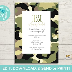 Camouflage Theme Birthday Invitation Template, Editable Birthday Party Invite, Camo Invite, Instant Download, Paperless POST