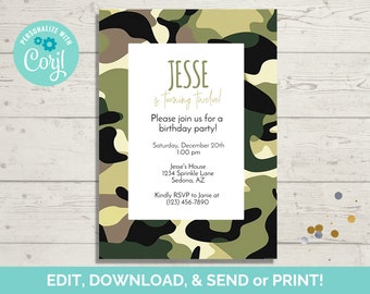 Camouflage Theme Birthday Invitation Template, Editable Birthday Party Invite, Camo Invite, Instant Download, Paperless POST