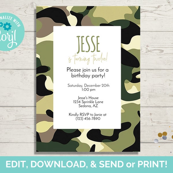Camouflage Theme Birthday Invitation Template, Editable Birthday Party Invite, Camo Invite, Instant Download, Paperless POST