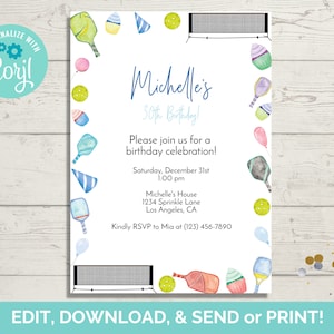 Pickleball Birthday Invitation Template, Editable Pickleball Birthday Invite, Pickleball Party Invite, Instant Download