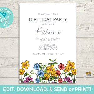 Floral Birthday Party Invite, Printable Floral Birthday Party Invite, Instant Download Flowers Birthday Party Invitation