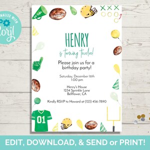 Football Theme Invitation Template, Football Birthday Invite, Football Party Invite, Instant Download