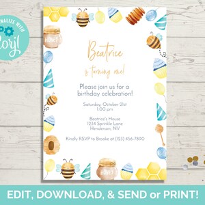 Bee Birthday Invitation Template, Honey Bee Birthday Invite, Bee Invitation, Bee Invite, Instant Download