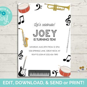 Music Invitation Template, Editable Music Birthday Party Invite, Instant Download