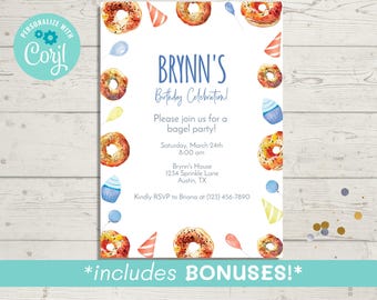 Bagel Birthday Invitation Template, Editable Breakfast Birthday Party Invite, Instant Download
