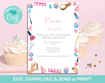 Mani Pedi Birthday Invitation Template, Editable Nail Party Invite (Instant Download)