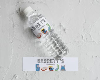 May include: A white water bottle label with the text "Barrett's 7th Birthday" and arcade game graphics. A second label with the same text and graphics is shown below the bottle.