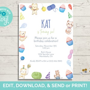 Cat Party Invitation Template, Cat Birthday Invite, Kitty Cat Invite, Editable Invitation Template, Instant Download