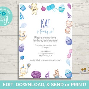 Cat Party Invitation Template, Cat Birthday Invite, Kitty Cat Invite, Editable Invitation Template, Instant Download