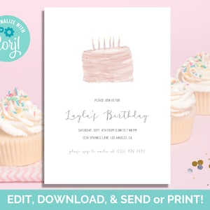 Birthday Cake Invitation, Pink Cake Birthday Invitation, Cake Invite, Instant Download, Template, Printable