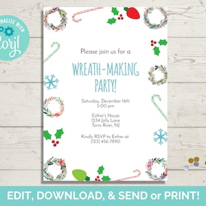 Wreath Making Party Invitation Template, Editable Holiday Party Invite, Wreath Invite, Instant Download