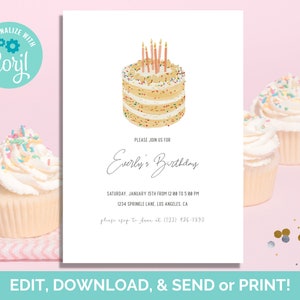 Birthday Cake Invitation Template, Birthday Invite, Editable Invitation, Cake Invite, Instant Download, Template, Printable, Paperless POST