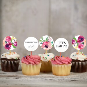 Floral Cupcake Topper Template, Floral Flower Cupcake Toppers, Floral Party, Editable Toppers, Instant Download