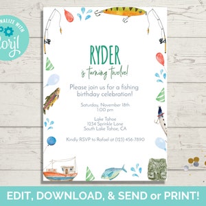 Fishing Birthday Invitation Template, Fishing Birthday Invite, Fishing Party Invite, Instant Download