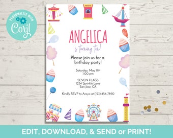 Amusement Park Birthday Invitation Template, Editable Theme Park Party Invite, Instant Download, Paperless POST