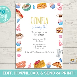 Breakfast Birthday Invitation Template, Editable Breakfast Birthday Invite, Breakfast Invite, Instant Download, Paperless POST