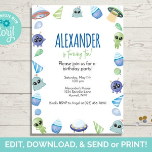 Peut inclure: Une invitation de fête d'anniversaire blanche sur le thème des extraterrestres bleus et verts. L'invitation indique "Alexander a dix ans !" et comprend des détails sur la fête, notamment la date, l'heure, le lieu et les informations de RSVP.