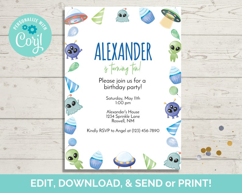 Alien Theme Invitation Template, Editable Alien Birthday Invite, Alien Party Invite, Instant Download, Paperless POST image 1