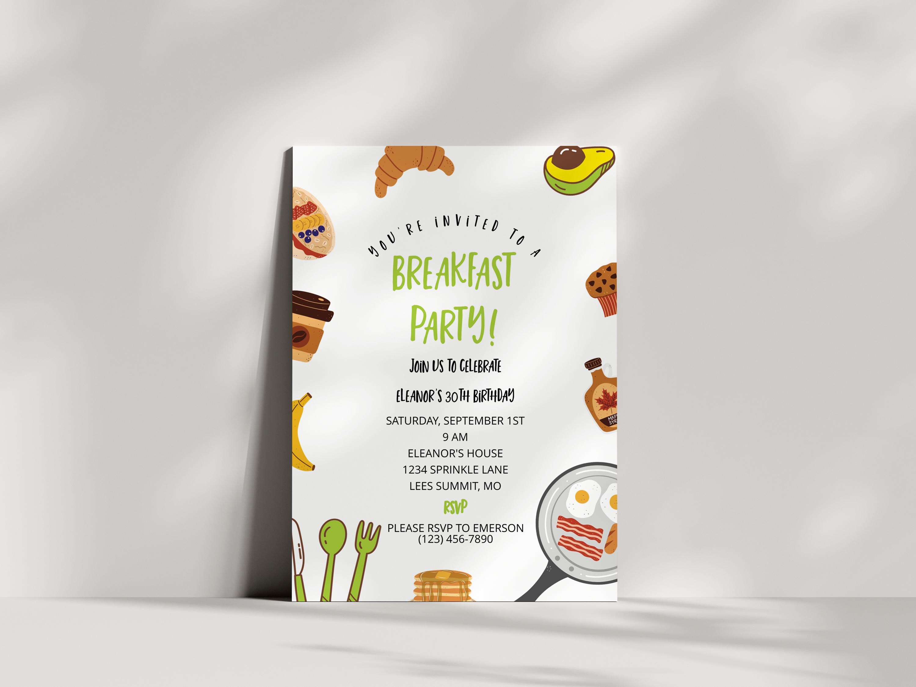 Breakfast Birthday Party Invitation Template, Editable Invite (digital ...