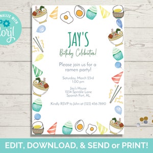 Ramen Party Invitation Template, Ramen Birthday Invite, Ramen Invite, Editable Invitation Template, Instant Download