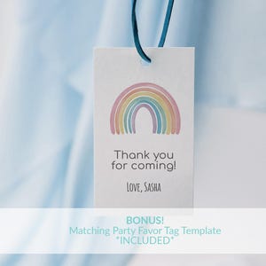 May include: A white thank you tag with a rainbow design and the text "Thank you for coming! Love, Sasha".