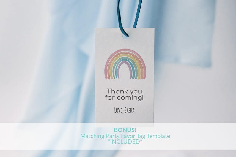 May include: A white thank you tag with a rainbow design and the text "Thank you for coming! Love, Sasha".