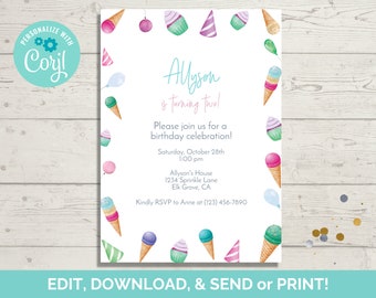 Könnte beinhalten: Eine Geburtstagseinladung mit weißem Hintergrund, mit Aquarellillustrationen von Eiswaffeln, Cupcakes, Luftballons und Partyhüten. Der Text lautet "Allyson wird zwei!" und enthält Party-Details.