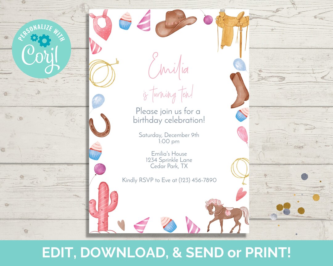 Cowgirl Birthday Invitation Template Editable Western Invite (instant