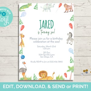 Zoo Birthday Invitation Template, Editable Zoo Birthday Invite, Zoo Party Invite, Instant Download