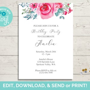 Blumen Geburtstagseinladung, Blumen Geburtstag einladen, Sofort Download, Vorlage, Printable