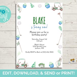 Golf Invitation Template, Golf Birthday Invite, Golf Party Invite, Editable Invitation Template, Instant Download