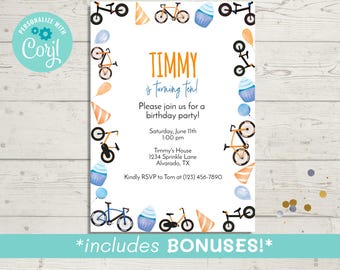 Bicycle Birthday Invitation Template, Editable Bike Birthday Party Invite, Instant Download