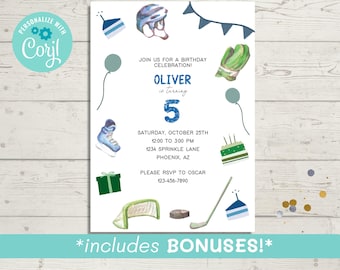 May include: A blue and white birthday invitation with watercolor illustrations of hockey-themed items. The invitation includes the text "Join us for a birthday celebration!" and details for a party for Oliver, who is turning 5.