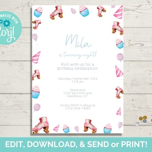 Roller Skate Birthday Invite, Printable Roller Skate Birthday Party Invite, Instant Download