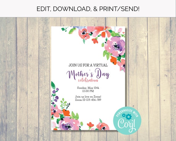 Virtual Mother's Day Invitation (Floral) - 5x7" Editable Template, Printable