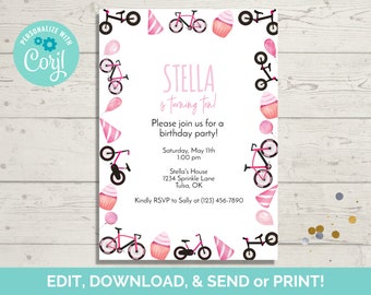 Bicycle Birthday Invitation Template, Editable Bike Birthday Party Invite, Instant Download