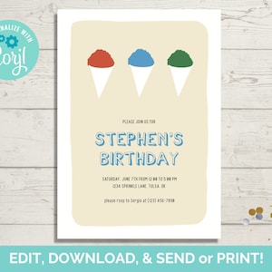 Snow Cone Birthday Invitation Template, Editable Snow Cone Birthday Party Invite, Instant Download