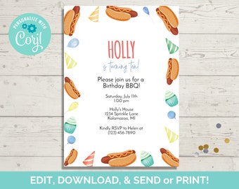 Hot Dog BBQ Birthday Invitation Template (Digital Download)