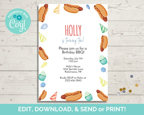 Hot Dog BBQ Birthday Invitation Template (Digital Download)