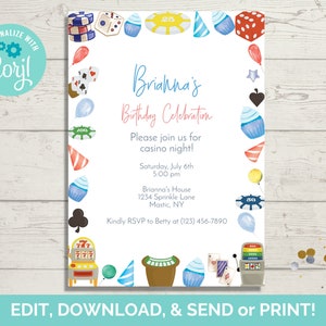 Casino Night Invitation Template, Casino Birthday Invite, Casino Invite, Editable Invitation Template, Instant Download