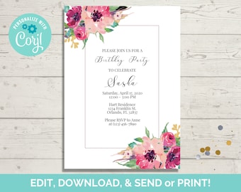 Floral Birthday Invitation, Watercolor Flowers (Digital Download)