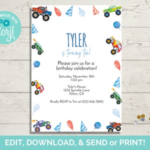 Monster Truck Birthday Invitation Template, Monster Truck Party Invite, Monster Truck Invite, Instant Download