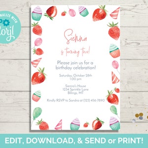 Strawberry Birthday Invitation Template, Strawberry Birthday Invite, Strawberry Invite, Instant Download