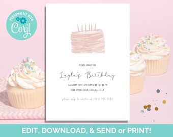 May include: A birthday invitation with a watercolor-style cake and cupcakes. The invitation reads "Layla's Birthday" with event details. The design includes the text "EDIT, DOWNLOAD, & SEND or PRINT!" and a "Personalize with Corjl" logo.