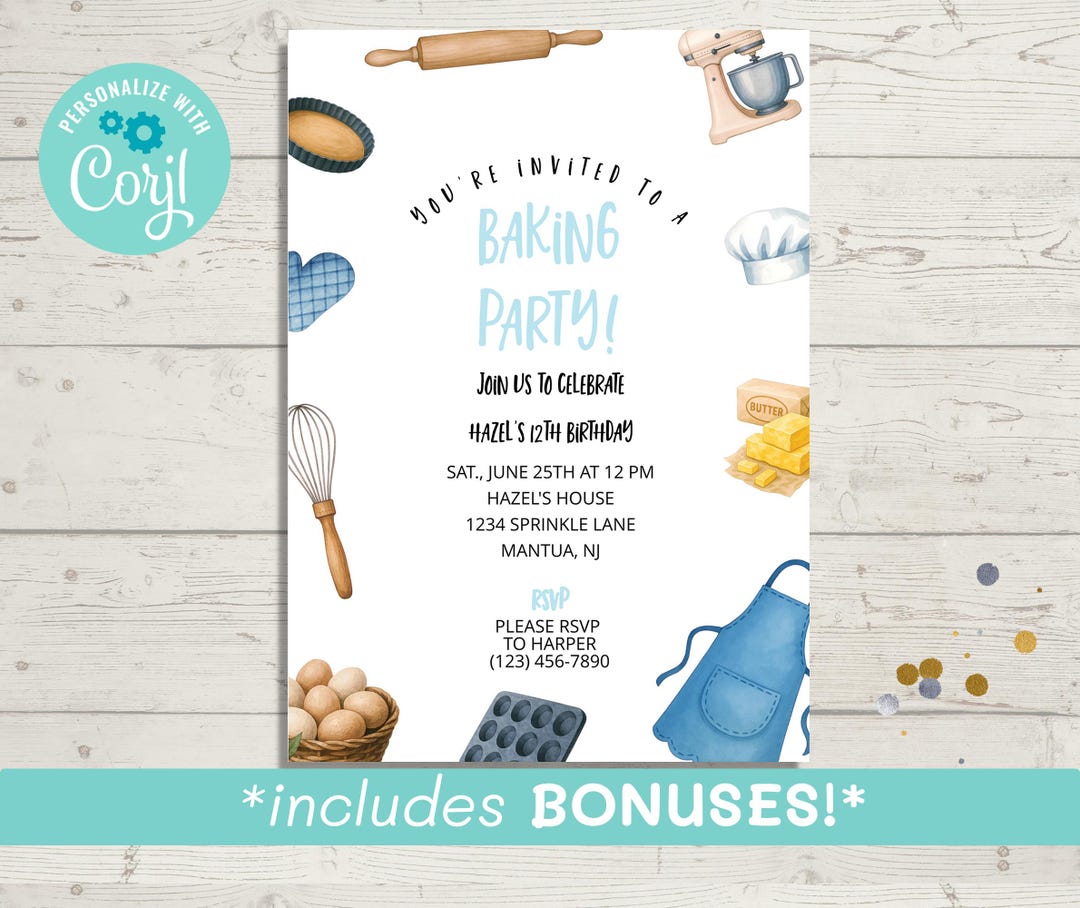 Baking Birthday Party Invitation Template, Editable Invite (digital ...