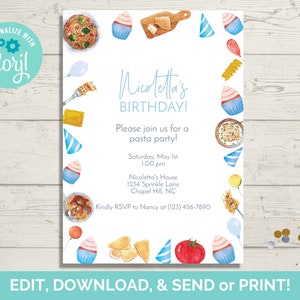 Pasta Birthday Invitation Template, Editable Pasta Birthday Party Invite, Pasta Invite, Instant Download