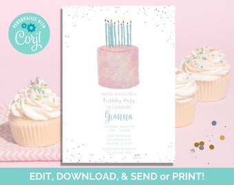 Pink Cake Birthday Invitation Instant Download Template Printable, Paperless POST