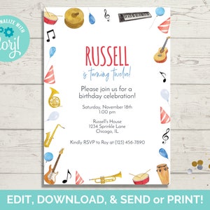 Music Theme Invitation Template, Music Birthday Invite, Music Party Invite, Editable Invitation Template, Instant Download