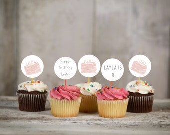 Pink Cake Cupcake Topper Template, Birthday Party (Instant Download)